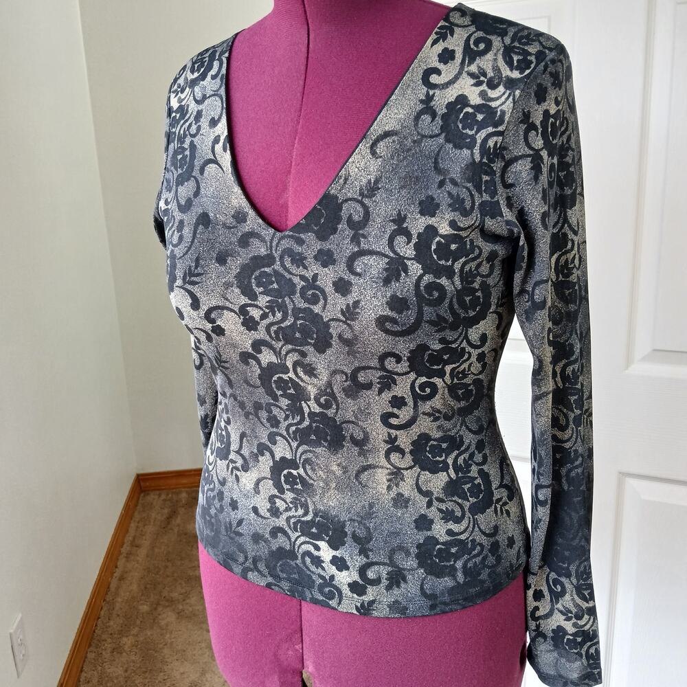 INC Petite Floral Nylon Blouse M neutral minimalist long sleeves mesh lined